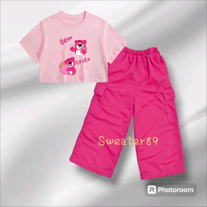 Setelan Anak Umur 5-12 Tahun Kaos CROP Dan Celana Cargo BEAR LOTSO Baju Perempuan Fashion 0