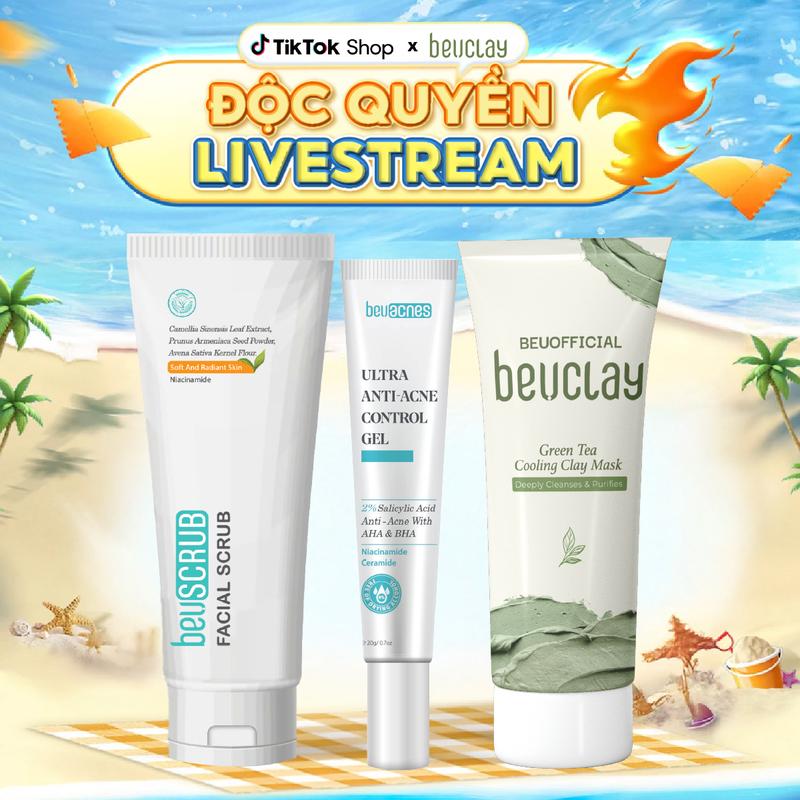 [1 TM + 1 TDC + 1 MN] - TDCQL8094 COMBO 1 BEUSCRUB Tẩy Tế Bào Chết Cho Da Mặt 100g + 1 BEUCLAY Mặt Nạ Đất Sét Trà Xanh 70g + 1 Kem Trị Mụn BEUACNES 15g Son Skincare bôi bùn