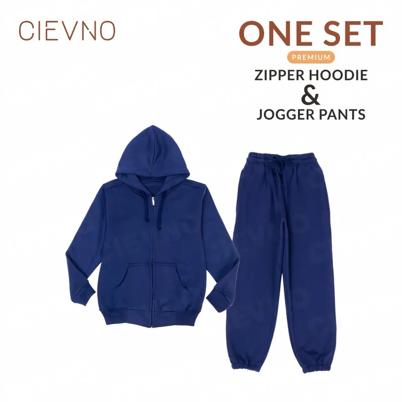 CIEVNO - ONE SET HOODIE ZIPPER + CELANA JOGGER PREMIUM NAVY (UNISEX) sweater distro Wanita Hitam Katun Polos Crewneck Panjang Setelan Casual Tebal 0