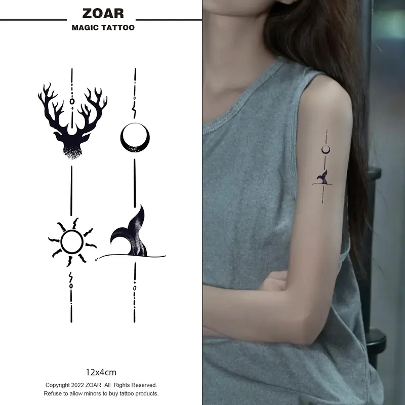 Zoartattoo M-365 stiker tato   sementara  【Rusa dan Paus】Tahan lama Tattoo menempel dekorasi seni untuk pria dan wanita 0