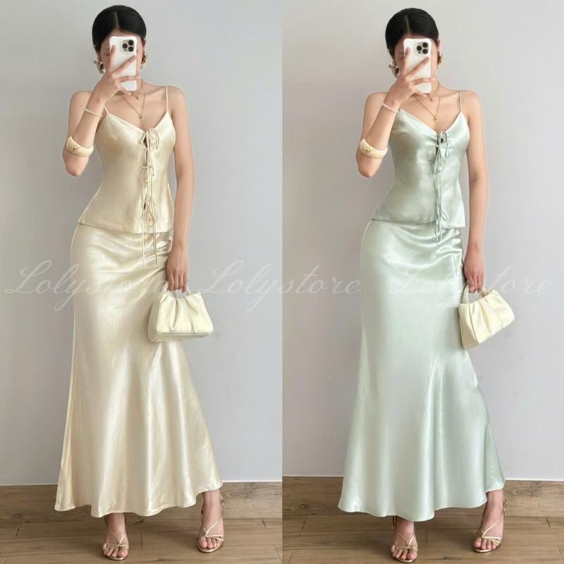 ( CÓ BIGSIZE ) Set áo váy Lụa Queen cao cấp thiết kế áo hai dây thắt nơ sang chảnh Lolystore Dresswomen HL334