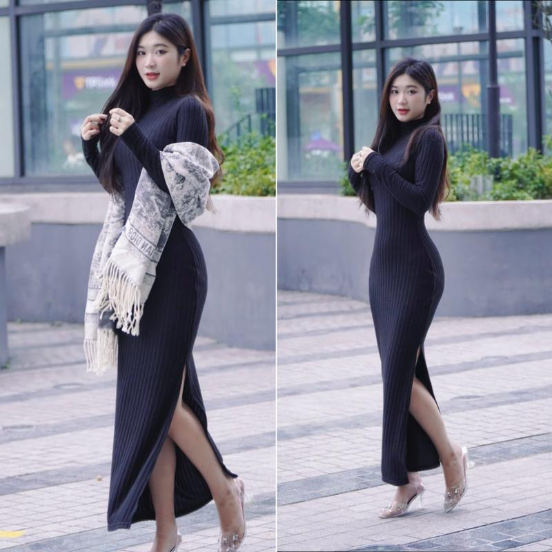  1-Gladimax Váy len ôm dáng dài ôm xẻ sườn cổ 3 phân chất liệu len đũa vừa tay  mềm mịn Gladimax váy maxi mùa đông ôm body dài tay Gladimax 360 nữ Women 