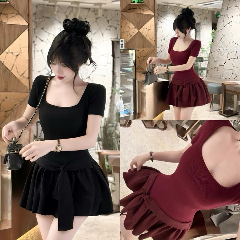 Váy Tăm lạnh cổ U vuông cộc tay dáng ngắn xoè, Đầm cổ vuông kèm quần bảo hộ phối tùng cotton dáng xoè xinh xắn cá tính dễ thương đi chơi đi tiệc nhẹ nhàng suông bồng