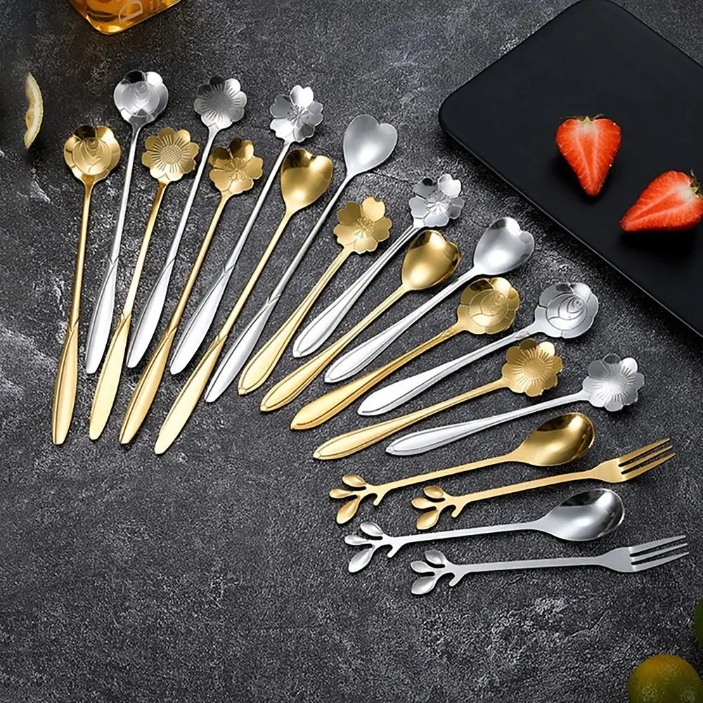 Portable Soup Spoons SAKURA ROSE LOVE Long Handle Dessert Spoon Dishwasher Tableware Stainless Steel Stirring Spoon for Kitchen Tools