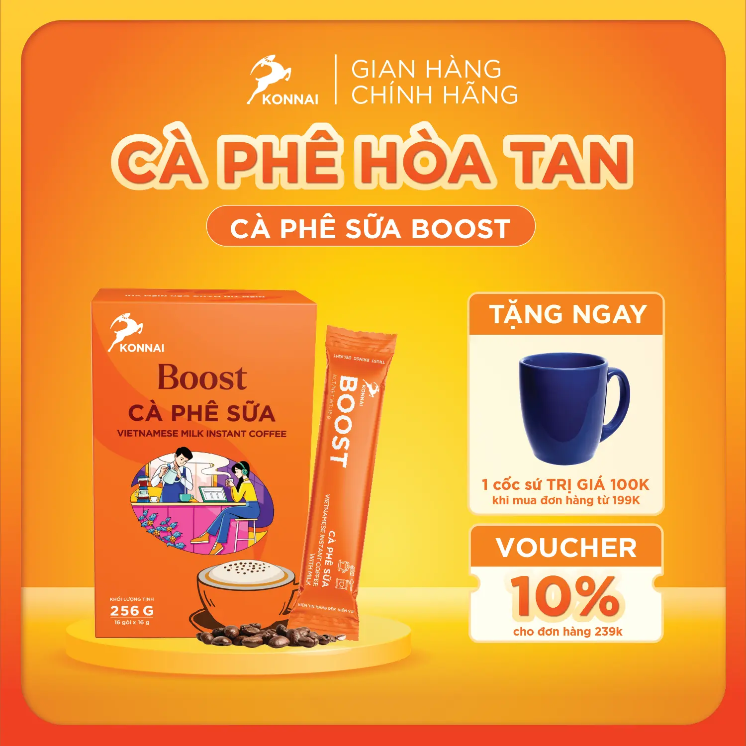 Cà phê hòa tan sữa BOOST Konnai Coffee - cà phê nguyên chất kết hợp với sữa thực vật - hương vị sữa Cafe