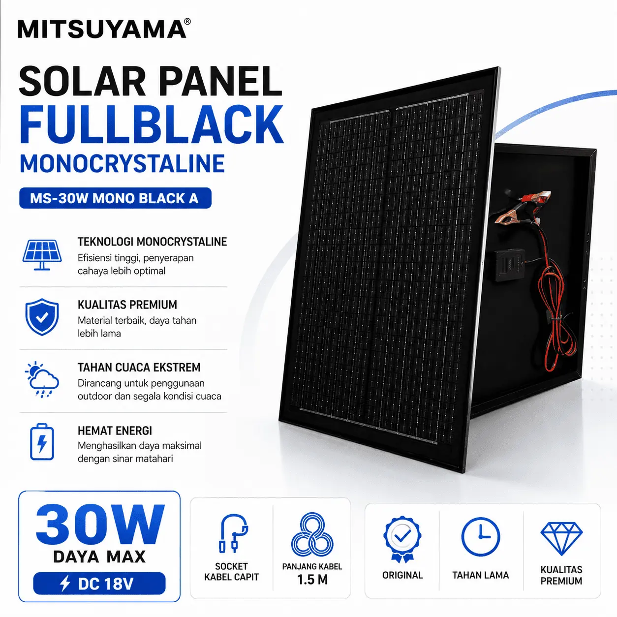 Solar Panel Surya 30W Monocrystaline Full Black Mitsuyama Mono Solar Cell 30 Watt Panel Tenaga Surya