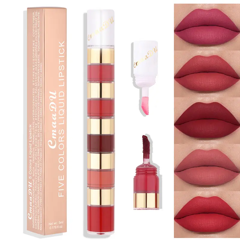 5 In 1 Matte Lipstick Kit Combo Strip Velvet Sexy Red Lip Tint Non-Stick Cup Lip Gloss Lip Oil Makeup Lips Cosmetic Set