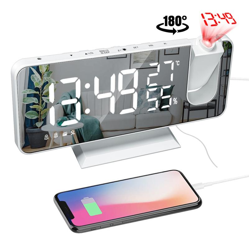 Product Introduction of 12/24H Music LED Digital Alarm Clock Table Electronic Desktop Clocks USB Wake Up FM Radio 180° Projector Snooze Function Dual Alarm Bedroom Bedside Mute Clock For Kids Mother Gift 45