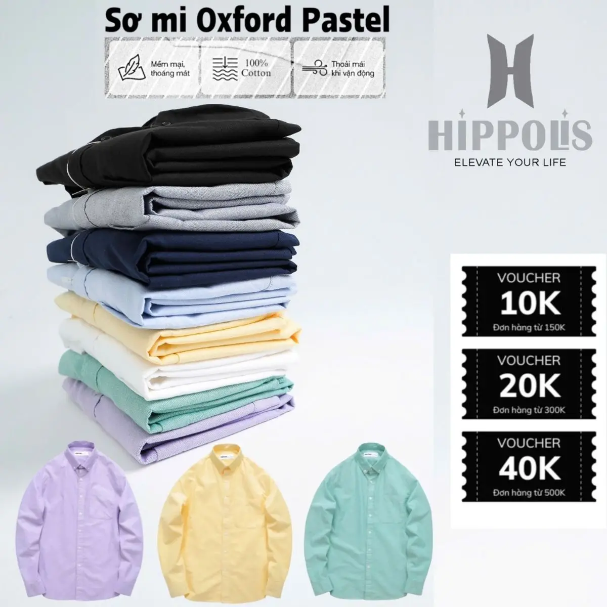 Áo Sơ Mi Nam Oxford Hippolis Tay Dài Tông Màu Pastel Mùa Hè Chất Vải Cotton Thoáng Mát