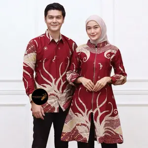Couple Atasan Tunik Batik Wanita Best Kain Katun Motif Akar Merah Baju Seragam Pasangan resleting set pakaian couple suami istri