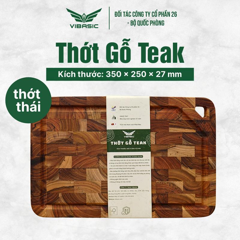 Thớt gỗ Teak Vibasic ghép dựng block, kích thước 350x250x27mm dùng để thái