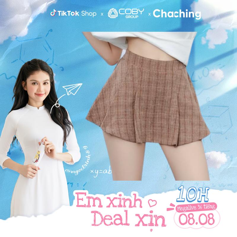 Chân Váy Ngắn Xếp Ly To ChaChing, Chân Váy Nữ Xếp Ly Ngắn Dáng Xoè Chất Vải Linen Xước, Logo Thêu Nổi, Phần Lưng Thun Co Giãn Có Quần Bảo Hộ Bên Trong