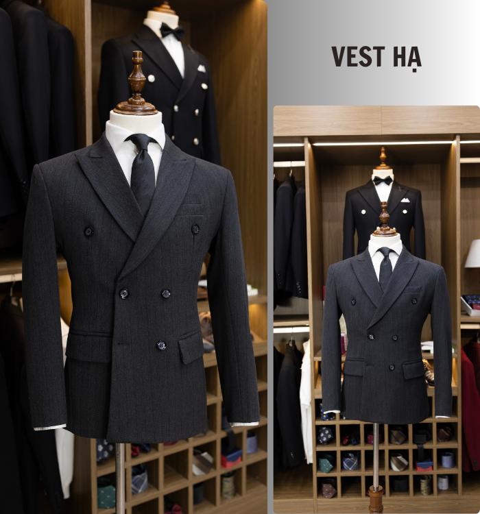 Bộ Vest Nam 6 cúc màu Xám đậm kết hợp kẻ sọc vải cao cấp Men’s fashion - Vải Tây cao cấp, độ co dãn vừa phải, màu Xám tối birthday  suit