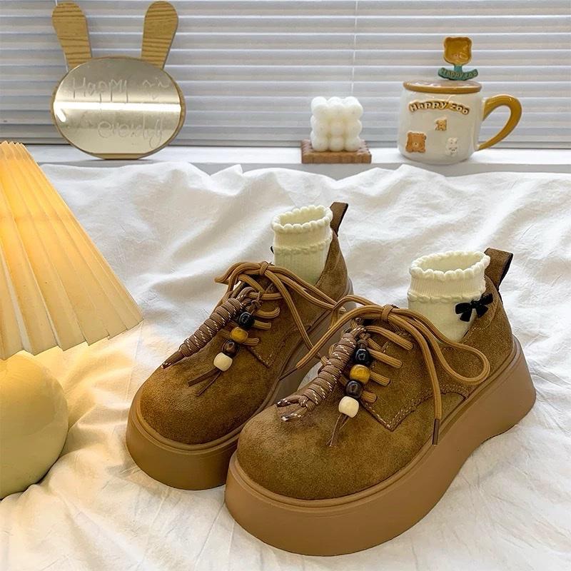 Giày đốc da lộn có dây hạt sang chảnh hai màu nâu tây và vàng bò nữ