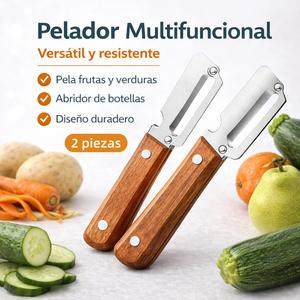 Pack de 2 Peladores 2 en 1 Multifuncionales con Abrebotellas y Mango de Madera, Cuchilla de Acero Inoxidable para Frutas, Verduras, Papaya, Calabaza, Papa, Zanahoria y Más | Hogar | Utensilios de Cocina | Regalos para Cocineros | Pelador Profesional  |  Peelerz