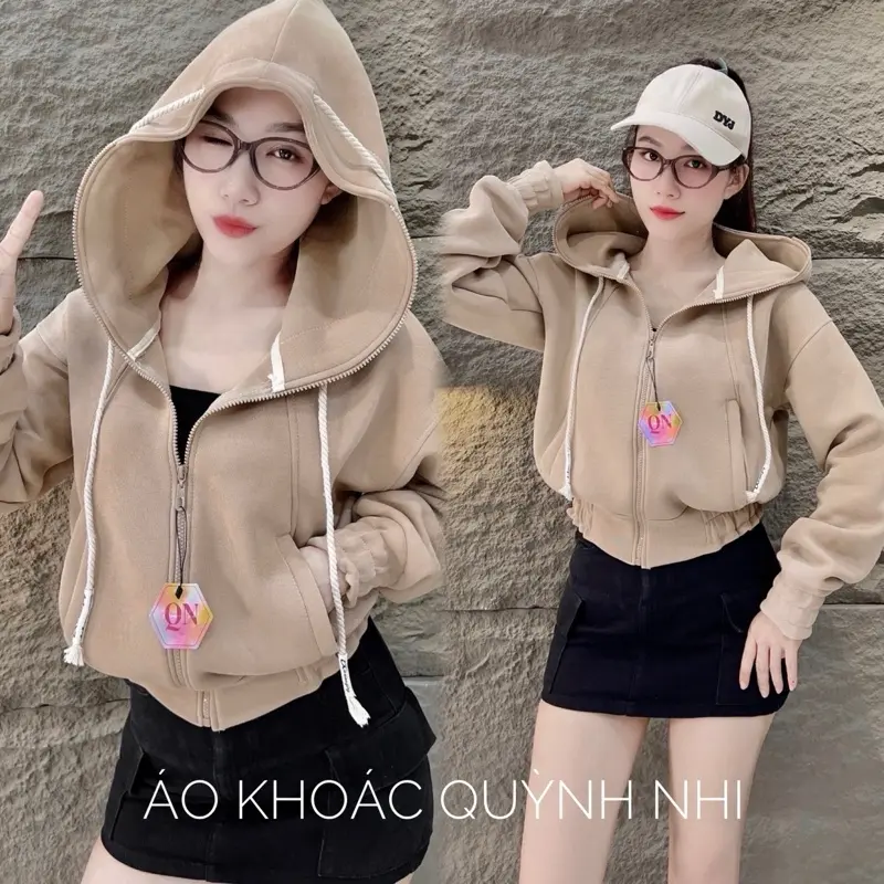 QUỲNH NHI - Áo khoác croptop cotton dây thừng,nón to,dày vừa,túi trong