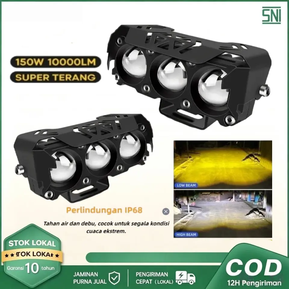 Lampu Sorot LED, Lampu Kabut, 150W, 10.000 LM, IP68, DC 10V–60V, CR7 SQL, Lampu Dua Warna Putih/Kuning, Tiga Kepala Lampu, Sinar Laser, Tahan Air