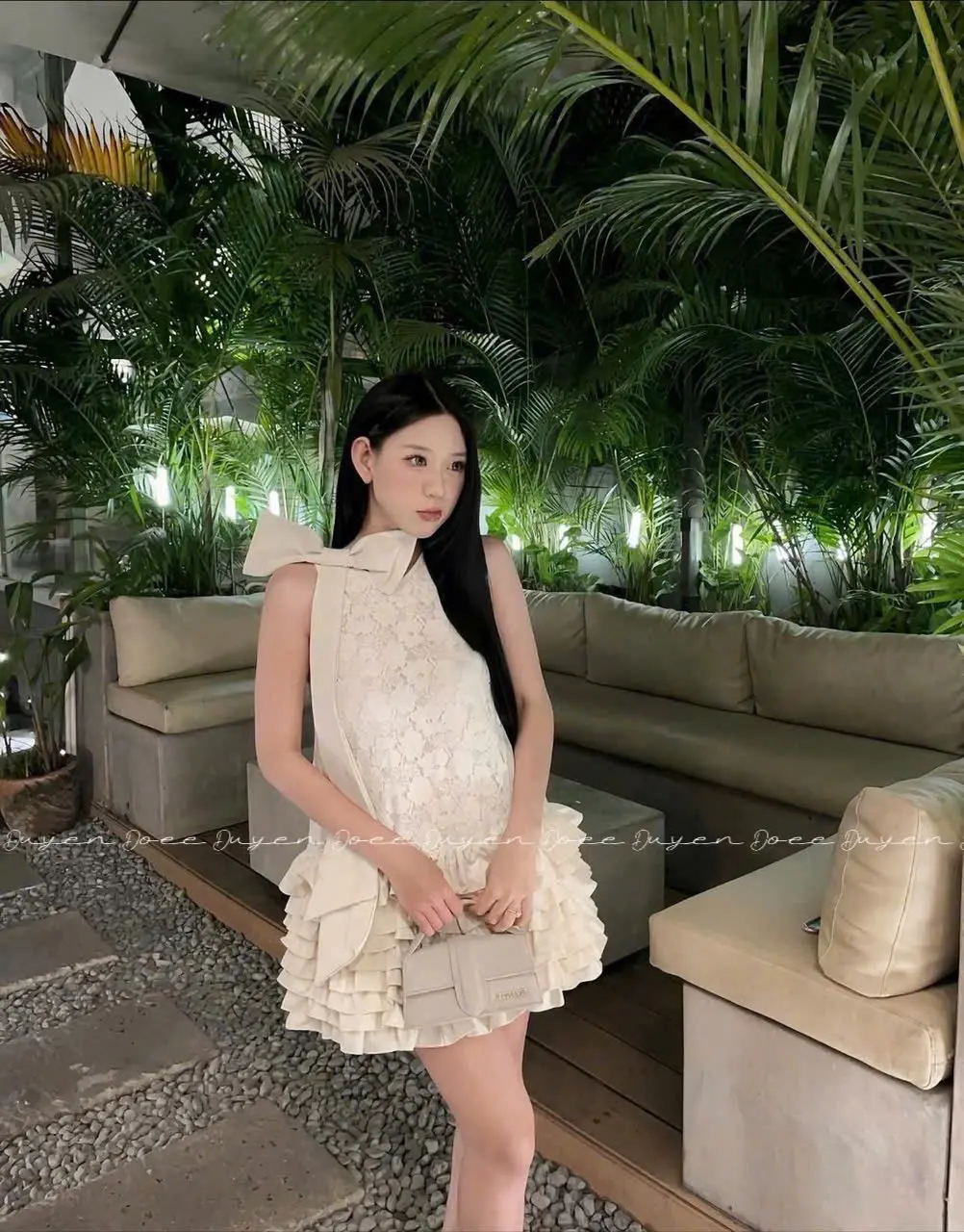 SOOCHAN - Váy ren cổ yếm đính nơ to bản, xếp tầng, dáng babydoll thiết kế cao cấp, phong cách Hàn Quốc Nữ Women Dress
