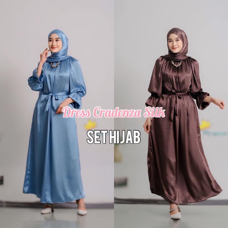 Product Introduction of SET HIJAB LUNA DRESS CRADENZA SILK Casandra Dress Shimmer Silk / Gamis Cradenza Shimmer Silk Busui Friendly / Gamis Viral Dress Wanita Lebaran Dewasa Syari Muslim Maroon Remaja Variasi Mocca 2