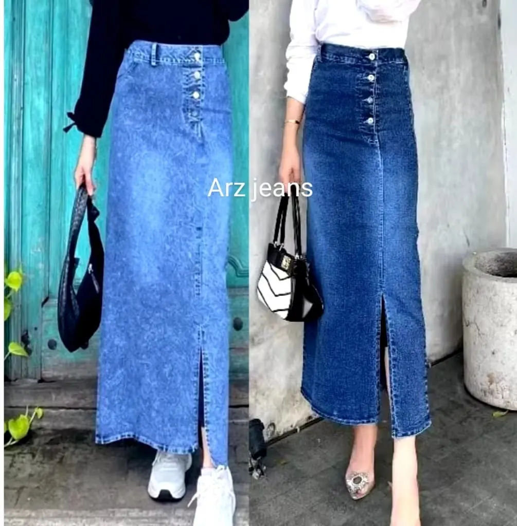 Rok Jeans Skirt Rebecca Sepan Denim Wanita Panjang Tebal Nyaman Kancing Samping