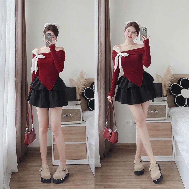 Sét Áo + Chân váy áo len tăm dài tay trễ vai cột nơ xinh xắn Tone Màu Đỏ tôn da trẻ trung mix Chân Váy Xếp tầng tôn dáng Hot hit - Dành Cho Nữ + "lisa dress" WOMEN TOP