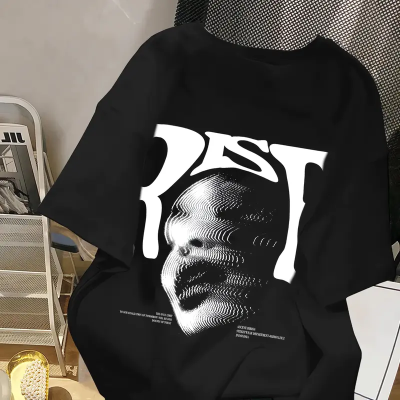 American retro Style T-shirt Oversize Distorted portrait print | Kaos Wanita Putih | Metallica Kaos pria dan wanita 0