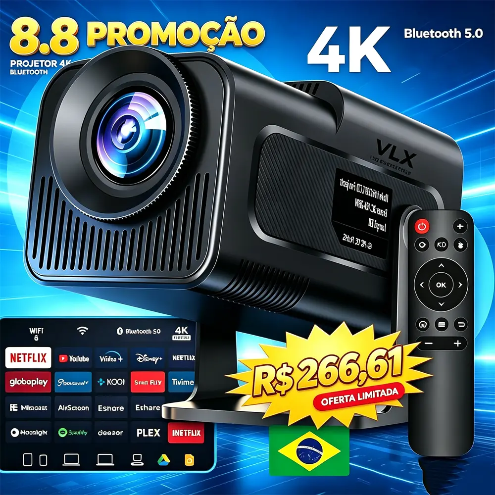 Projetor Portátil VLX HY320 Mini 4K Suporte Android Wi-Fi 6 Bluetooth para Cinema Doméstico