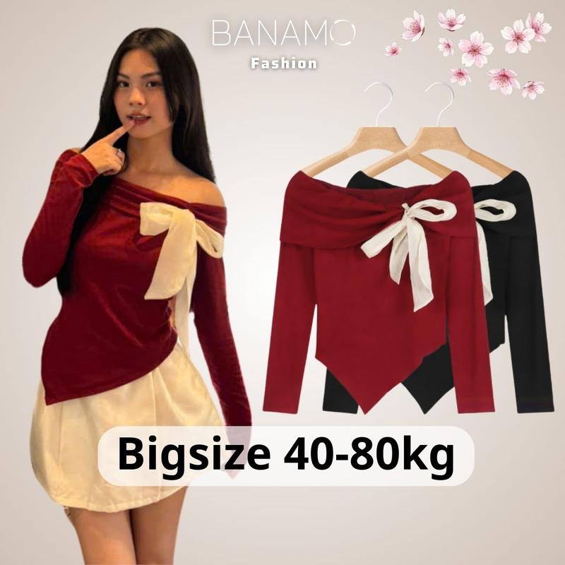 Áo Thun Nữ BIGSIZE Banamo Fashion áo thun dài tay trễ vai phối nơ co giãn thoải mái 3101