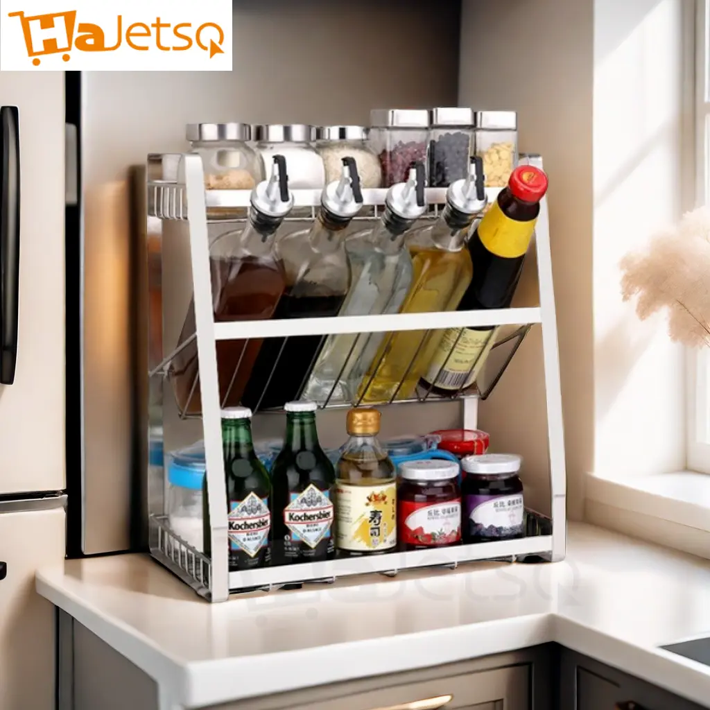 Hajetso 304 Stainless Steel Kitchen Spice Rack Spice Oil Bottle Organizer Cabinet Standing Shelf Kitchen Storage Rack 304 Stainless Steel Seasoning Spice Rack