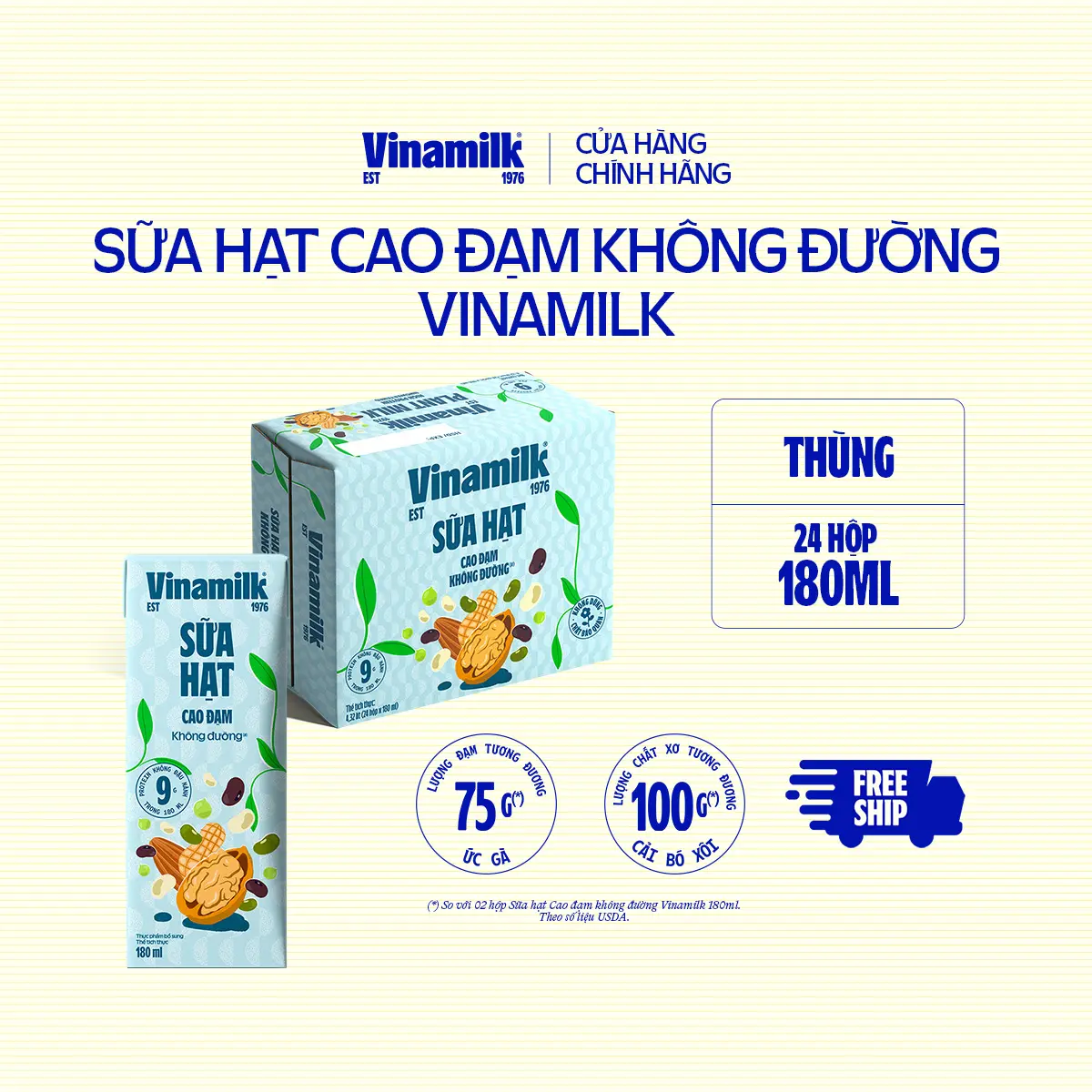 Thùng 24 hộp Sữa Hạt Cao Đạm Không Đường Vinamilk Hộp 180ml7 loại hạt hỗ trợ cơ bắp 180ml