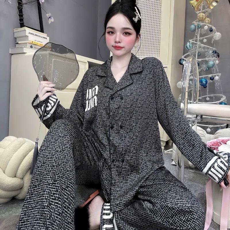  Đồ bộ pyjama lụa latin màu caro màu đen MIU sang trọng  trẻ trung  tay ngắn  tay dài có bigsize 60kg đến  90kg 