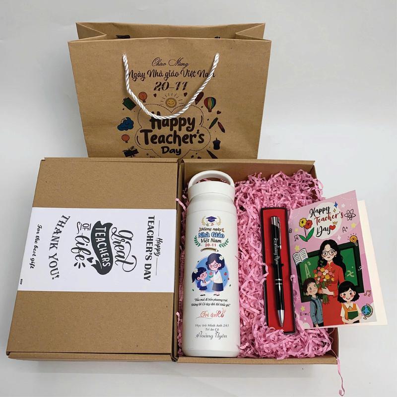  Set quà tặng bình giữ nhiệt ly giữ nhiệt cốc giữ nhiệt in ảnh khắc tên riêng bút khắc tên và tặng kèm thiệp cho ngày 20-11 làm quà tặng cho thầy cô 