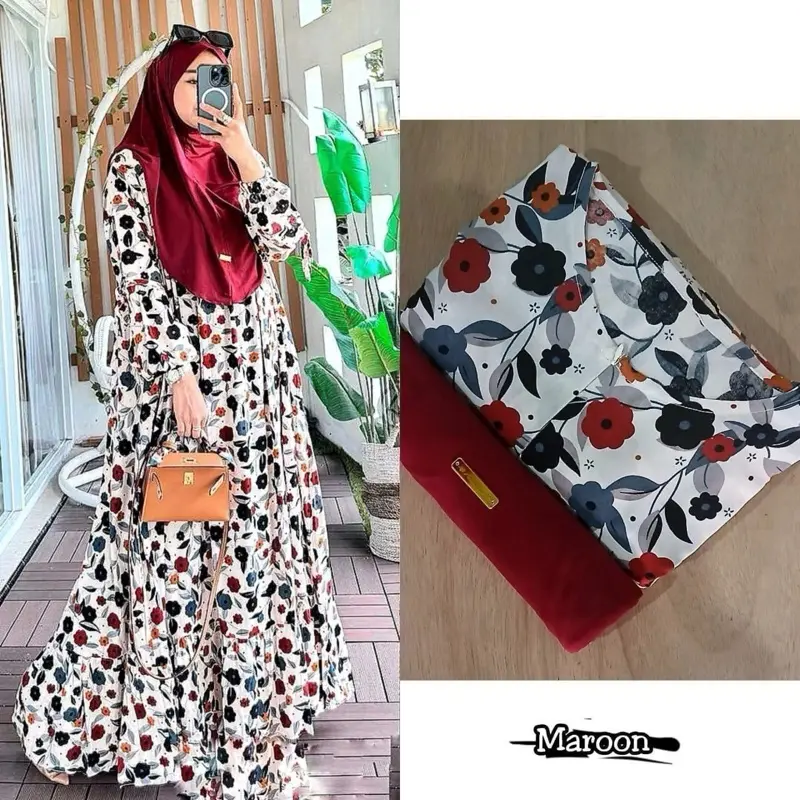 Gamis Set Hijab Jumbo Kekinian Motif Bunga Bunga Ld130 Bumil Busui Frendly Resleting Depan Bahan Rayon Premium Nyaman Adem Dipakai Menyerap Keringat Panjang