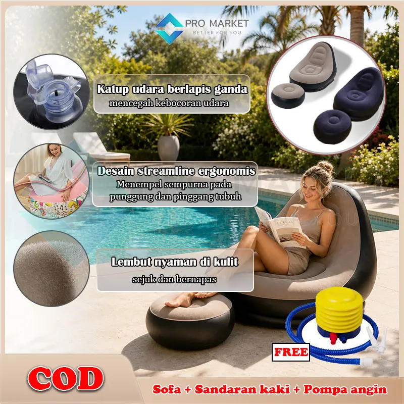 Sofa angin Santai FREE POMPA Kursi Santai Dengan Sandaran Kaki/Sofa Angin Beanbag Squishy Jumbo Inflatable Sofa + Stool Outdoor Tiup Aestetik Lazy Bag Lay Bag Indoor  Biru/Coklat-sofa