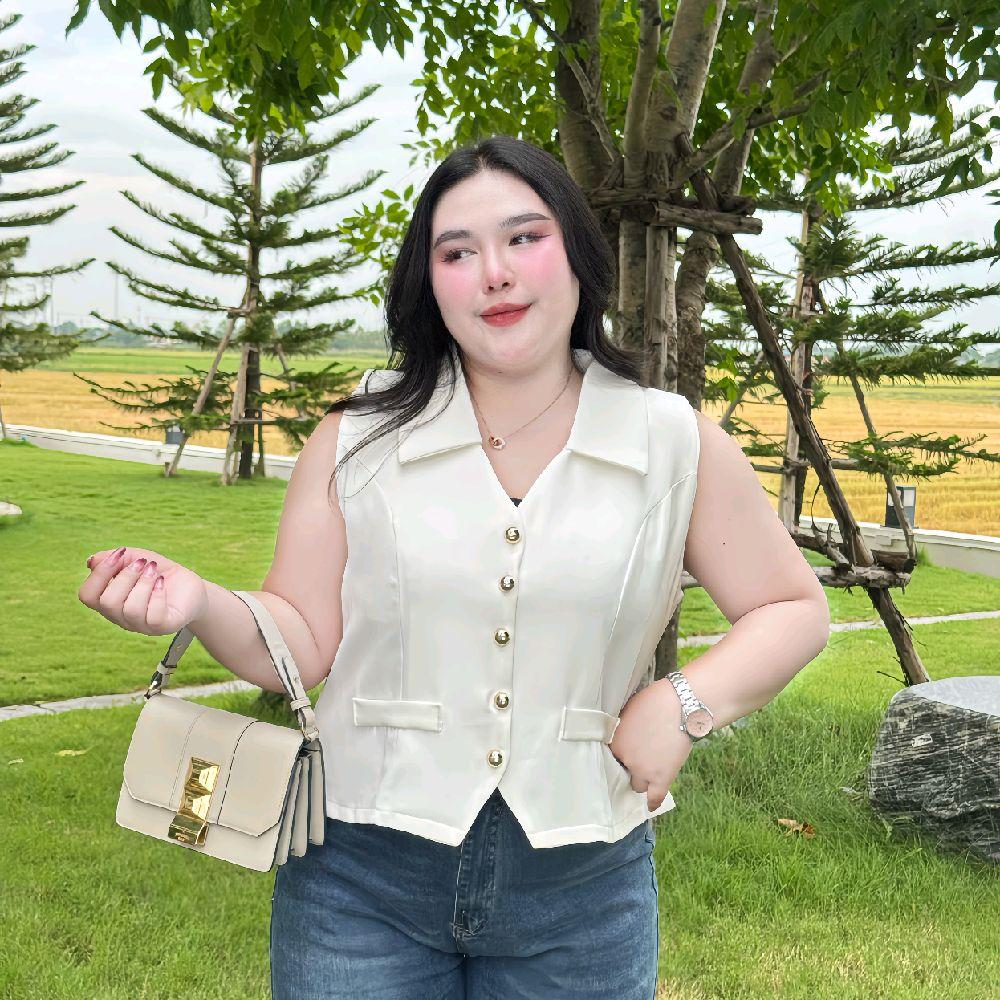 B36 เสื้อกั๊กแขนกุดทรงเบเซอร์เข้ารูปมีสายปรับได้ แต่งคอปกสุดเก๋สาวอวบอก48+