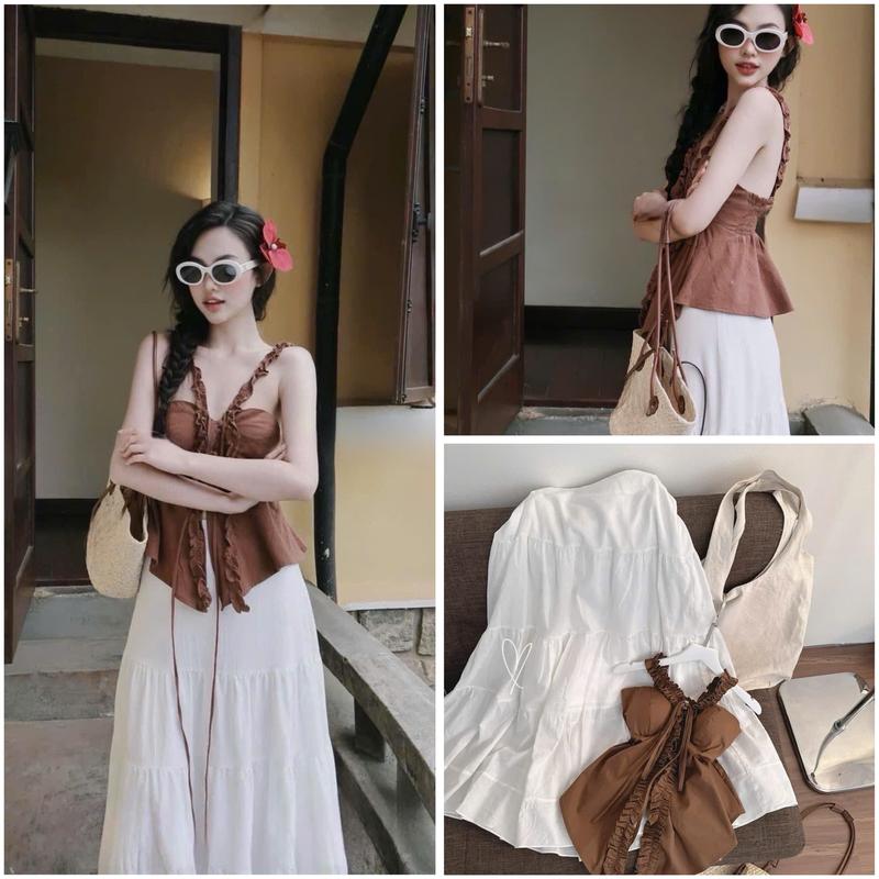  Sét đồ nữ 2 món áo kiểu cúp ngực phối bèo bo chun lưng phối chân váy dáng dài xinh xắn 