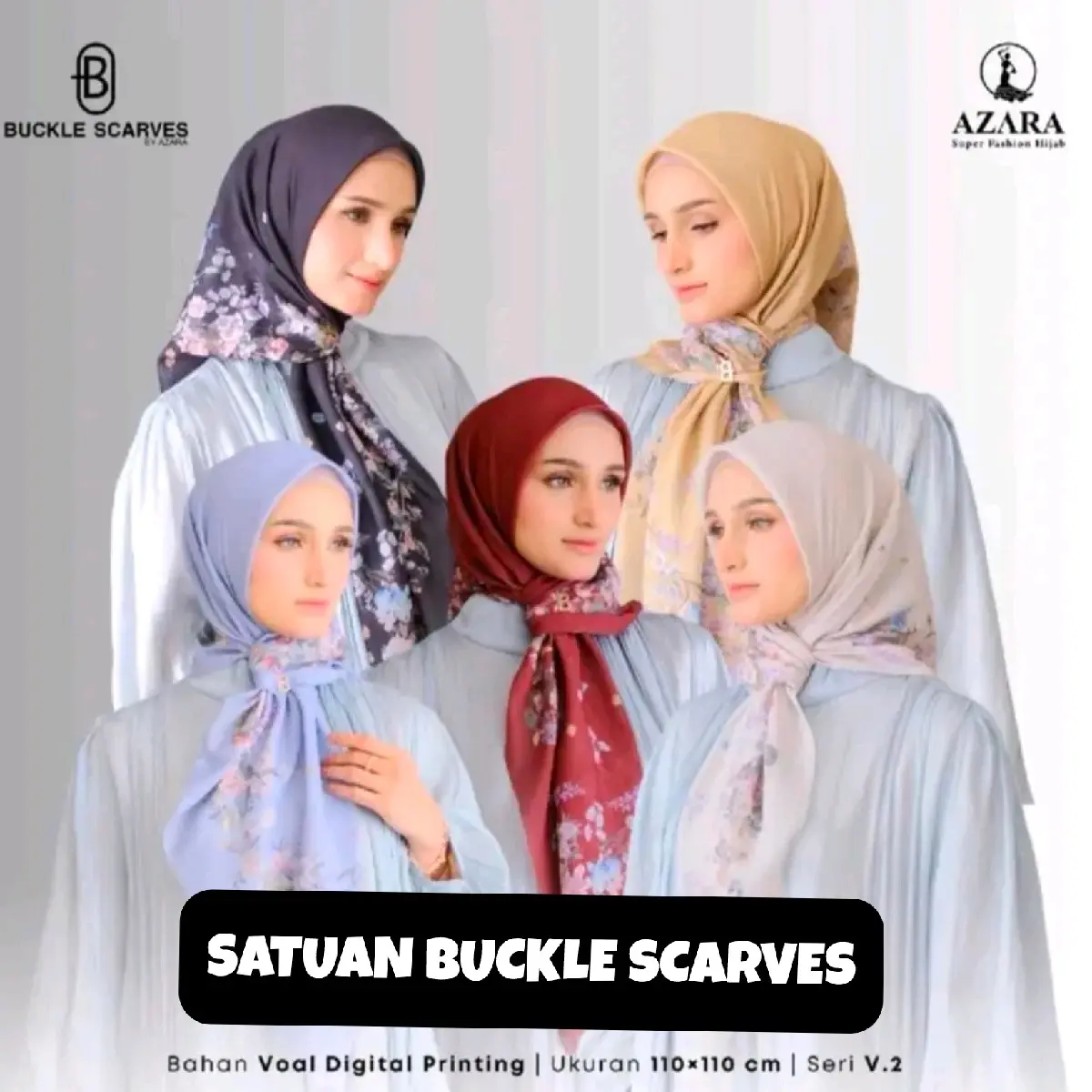 Satuan Buckle Scarves Pouch Hijab Segiempat Motif ukuran standar bahan voal sublim premium Kemasan Pouch Metal Logo