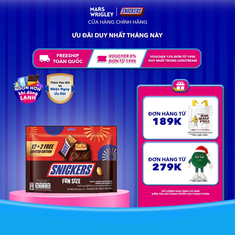   12 thanh tặng 2 thanh  Túi Kẹo Socola Snickers Funsize 280g  14 thanh x 20g  