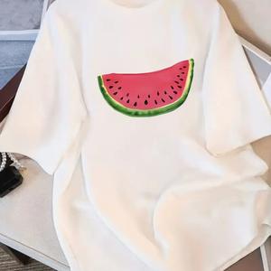 スイカ柄プリント婦人用半袖Tシャツ、丸首、ゆったり、純綿カジュアルトップス、丸首、ショルダーベルト、ゆったりシルエット、通気性、肩落ちデザインプリントTシャツ夏のゆったりタイプ