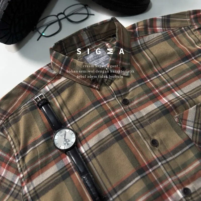 Kemeja flanel semi wool premium F2D lengan panjang unisex kemeja pria dan wanita motif kotak 04