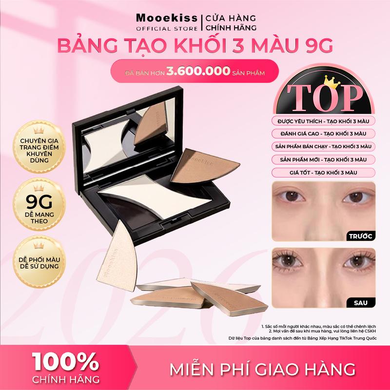 Bảng tạo khối 3 màu Mooekiss mini nhỏ gọn tiện mang theo chuyên dụng cho trang điểm chuyên nghiệp kết hợp bắt sáng và tạo khối 9g