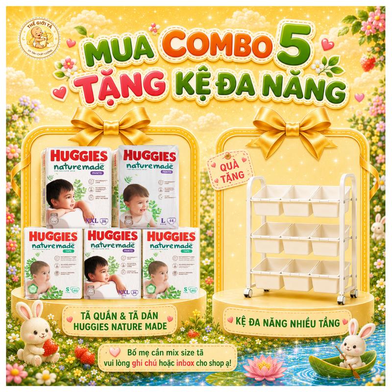 Combo 5 gói tã Bỉm Quần/Dán HUGGIES Nature Made size S82/M64/L54 và M58/L44/XL38/2XL26/3XL28 - TẶNG KỆ ĐA NĂNG