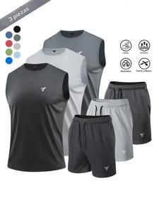 Conjunto de dos piezas para hombre: camiseta sin mangas con estampado de logo y shorts, conjunto deportivo transpirable de secado rápido, ropa deportiva para gimnasio, entrenamiento, correr y ciclismo