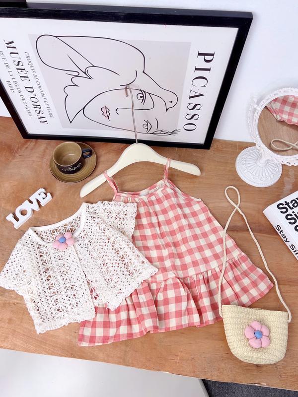 (Tặng Túi)SET 3 chi tiết -Đầm 2 dây caro kèm áo CROP ren cho bé gái   6-18 kg, Váy Bé Gái