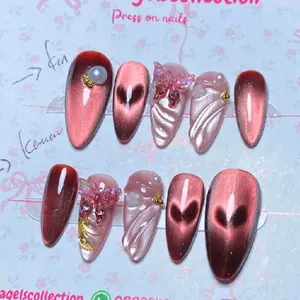 PRESS ON NAILS WEDDING LOVE DEEP MARON MIX PINK JAMBU SOFT FREE LEM GEL DAN 1 PAKET TOOLKIT