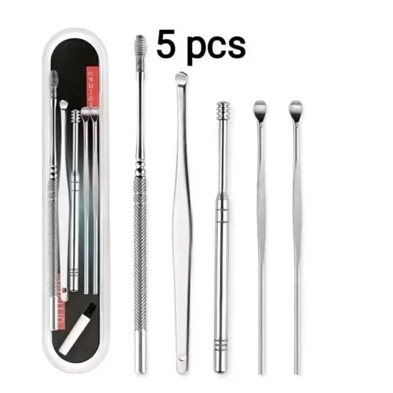 ￼SET BOX ALAT PEMBERSIH TELINGA 5 IN 1 / Perlengkapan Korek Kuping Besi Stainless