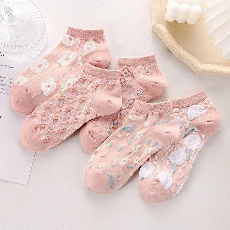 Kaos Kaki Wanita Korean Fashion Motif Flower Warna Pink Semata Kaki - KK1434 Ankle 5