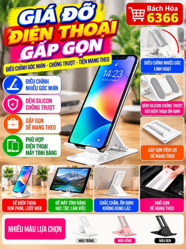 Giá Đỡ Điện Thoại Để Bàn Gấp Gọn, Kệ Đỡ Điện Thoại Máy Tính Bảng Điều Chỉnh Góc Nhìn, Chống Trượt, Nhựa ABS Nhỏ Gọn Tiện Lợi