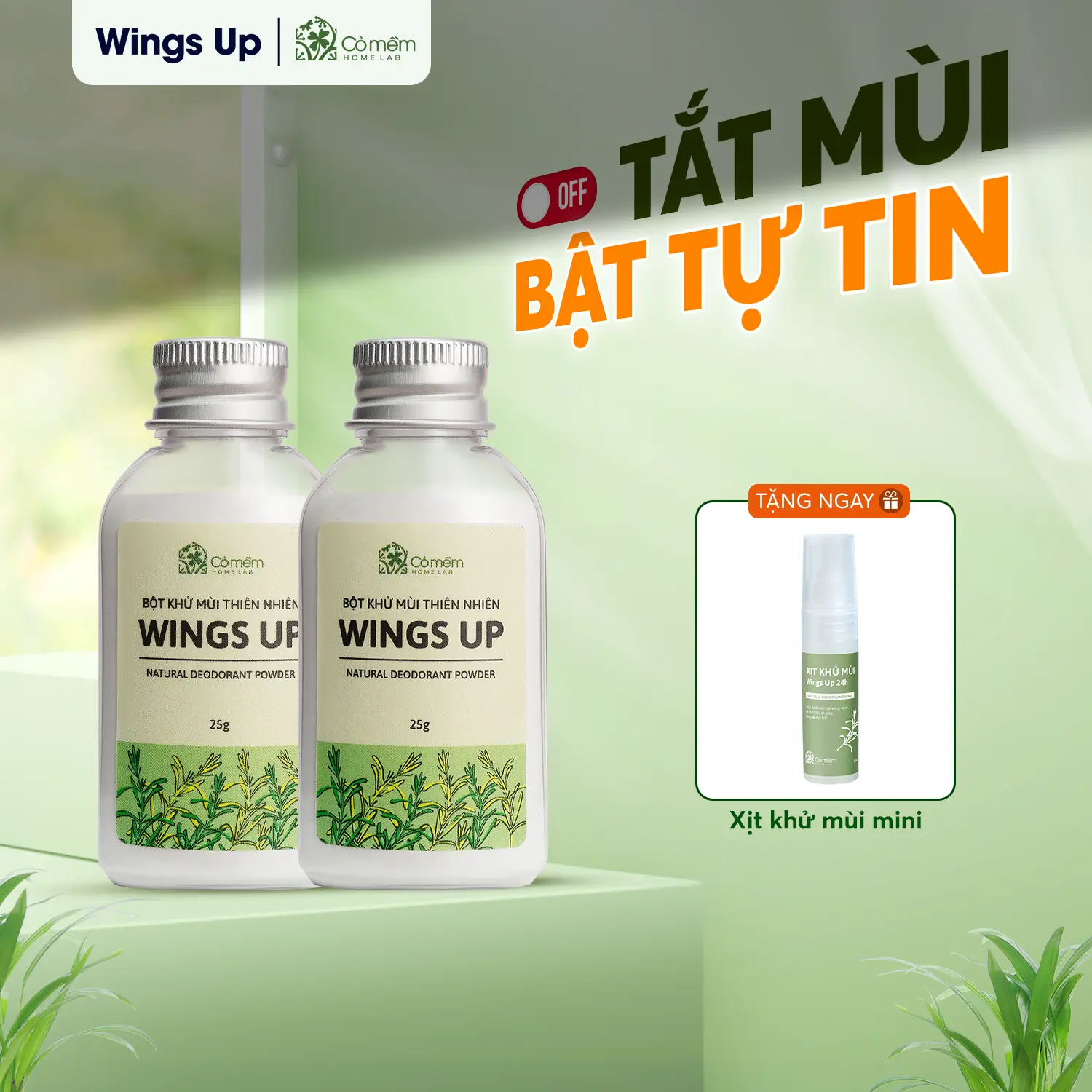 Bột Khử Mùi Wings Up Cỏ Mềm -  Khử Mùi Hôi Nách Hôi Chân, Mùi Cơ Thể - Nách Sạch Chân Thơm - Khô Thoáng Giảm Mồ Hôi - An toàn cho mẹ bầu, mẹ sau sinh, tuổi dậy thì 25g