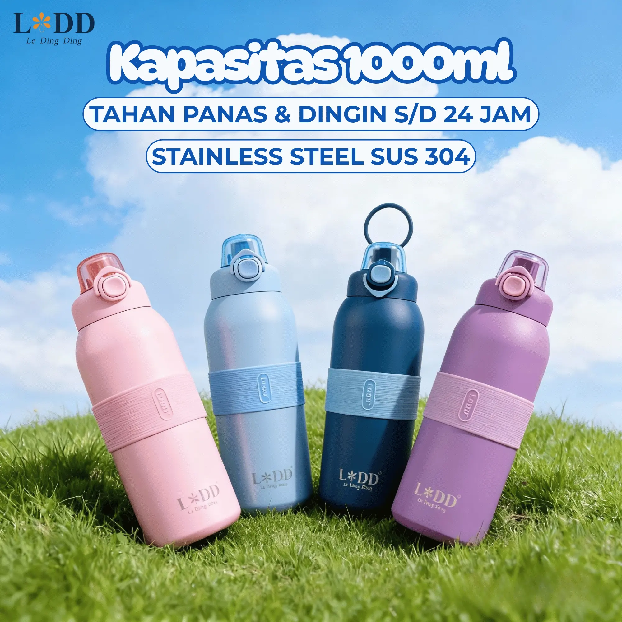 LBotol minum Stainless Steel Cangkir Tumbler Kopi 1000ml Insulated Vacuum Cup 304 stainless steel tumbler vacuum Olahraga Silikon Ungu